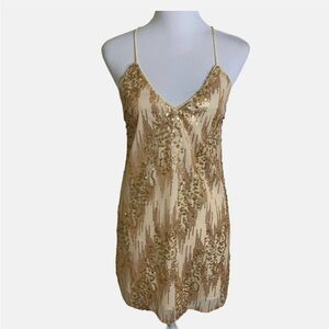 TOBI Gold Sequins Mesh Low Back Crossed Straps Lined Mini Cocktail Dress
